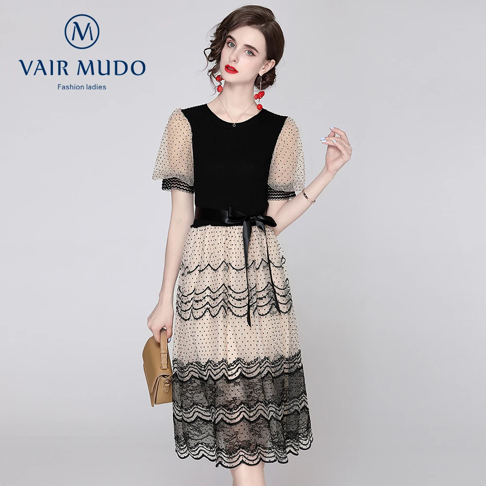 

2021Summer Women Dress New French Knitted Stitching Polka Dot Mesh High Waist Mesh Embroidery Lace Large Skirt Dress Women Y-161