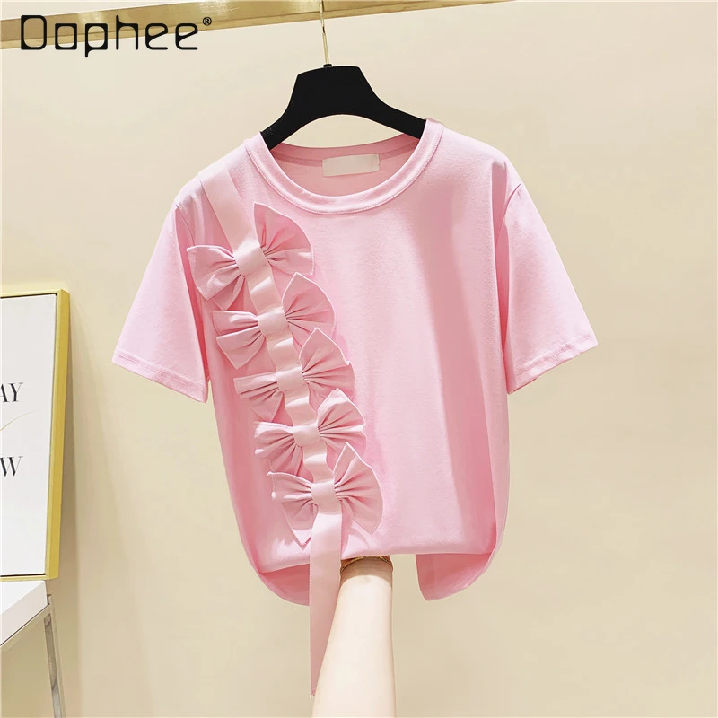 

Женская летняя свободная футболка с коротким рукавом, универсальный топ с трехмерным бантом и вышивкой, 2021