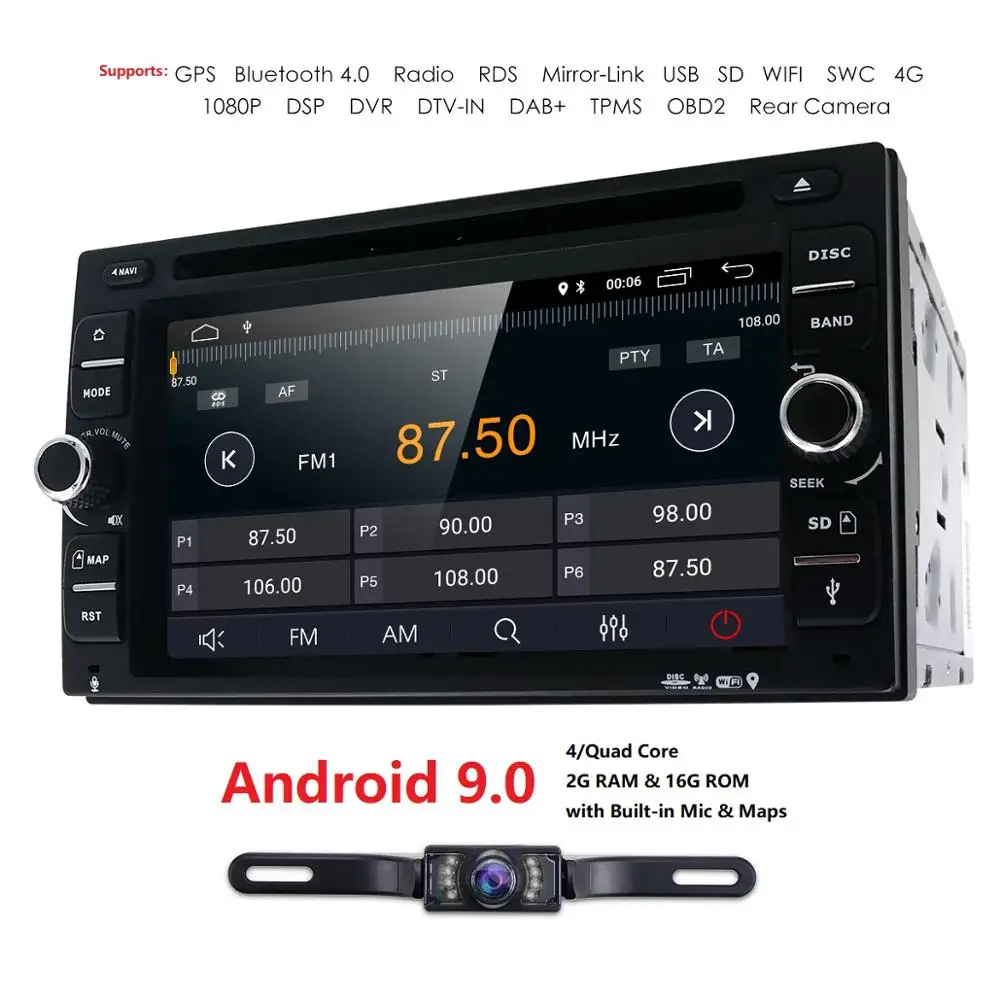 Четырехъядерный Android 9.0Car dvd мультимедийный плеер универсальный видео 2din Аудио
