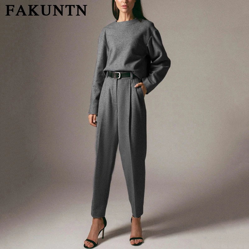 

FAKUNTN Women Suit Winter Two Piece Set Lounge Wear 2021 Fashion New Solid Outfits O Neck And Pants Sweatshirt Set Women Clothes