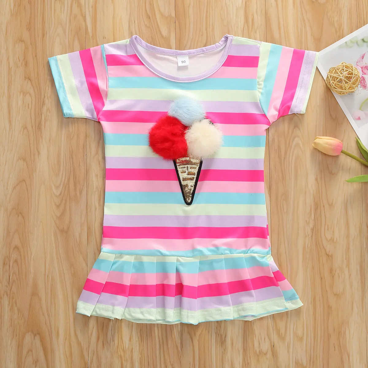 2020 Lovely Infant Baby Girls 1-5Y Dress Clothes Rainbow Striped Print Shorts Sleeve Ruffles Mini | Детская одежда и обувь