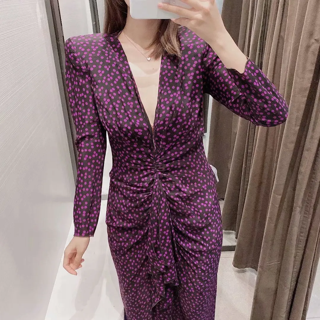 Ms. autumn and winter 2019 new women's shoulder pads dot dress fashion Slim V-neck long-sleeved -27 301 |