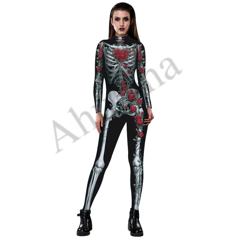 Women Sexy Bodysuits Halloween Costumes For Girls 3D Skull Rose Printing Jumpsuits Punky Back Zipper Macacao Feminino C062 | Тематическая