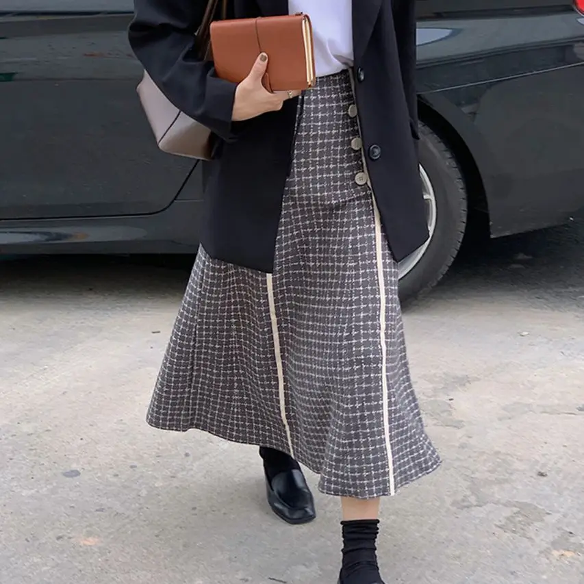 

Длинная юбка в стиле Харадзюку, осенняя винтажная Женская двубортная юбка трапециевидной формы, шикарная женская зимняя облегающая Свобод...