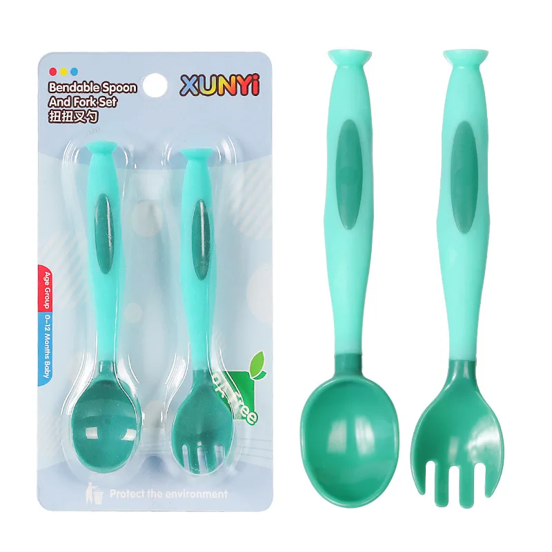 2Pcs/Set Baby Feeding Spoon + Fork Set Learn Eating Training Newborn Children's Tableware Food Bowl Curved | Мать и ребенок