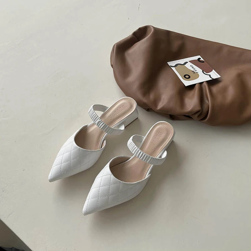 

Pointed Toe Women Slippers Sewing Design Hollow Slippers Thick Mid Heels Slides Party Summer Beach Shoes Woman Black White Khaki