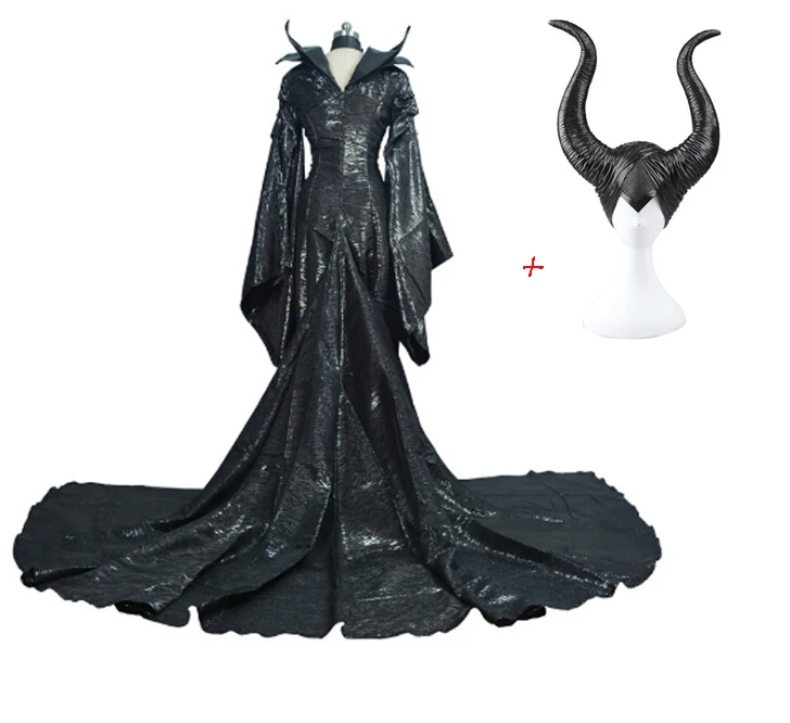 Черный длинный кожаный плащ Maleficent для взрослых, Женский карнавальный костюм на Хэллоуин, костюм Ангелина, плащ ведьмы для косплея, платье+ рога - Цвет: Costume and horn