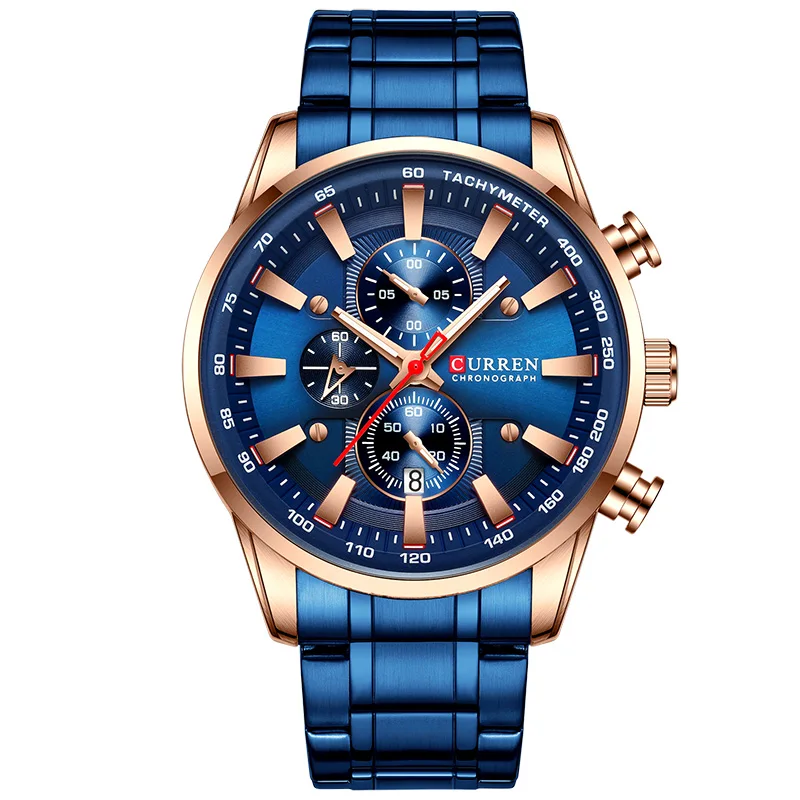 Rose Gold Blue Новинка CURREN часы для мужчин Лидирующий бренд Черное золото кварцевые спортивные наручные часы для мужчин s Хронограф Дата нержавеющая сталь мужские часы - Цвет: Rose Gold Blue