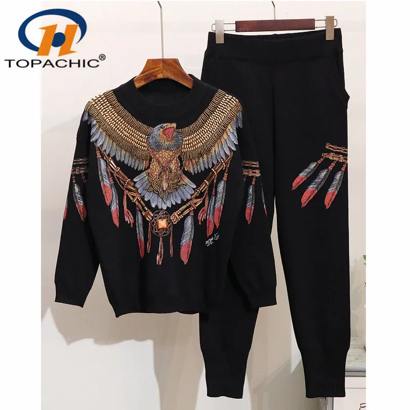 Новый комплект из 2 предметов женские вязаные свитера с вышивкой орла зимняя