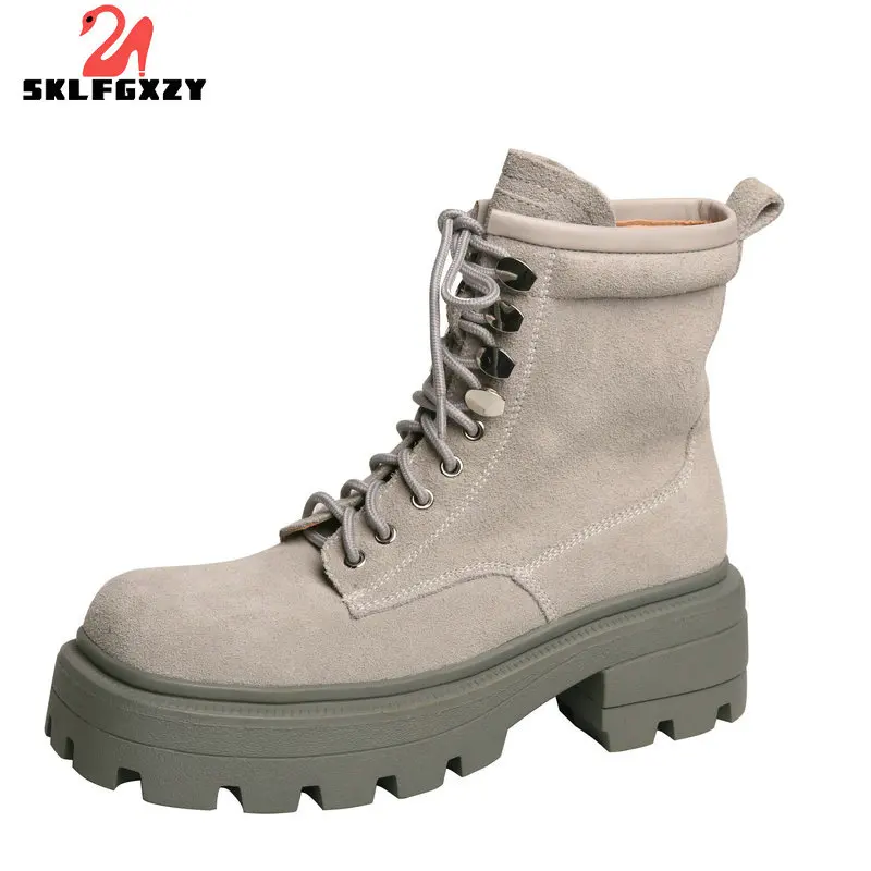 

2021 Women Boots Platform Ankle Boots Autumn Winter Shoes Genuine Leather Motorcycle Square Toe Punk Shoes Women Booties