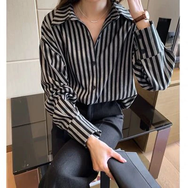 Женская Полосатая футболка на пуговицах Повседневная с длинным рукавом
