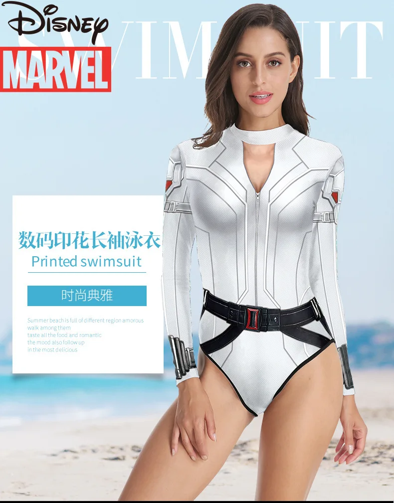 

Disney Marvel Avengers Black and White Widow Printed Swimsuit Long Sleeve Siamese Ladies Tight Swimwear Surfwear Trend