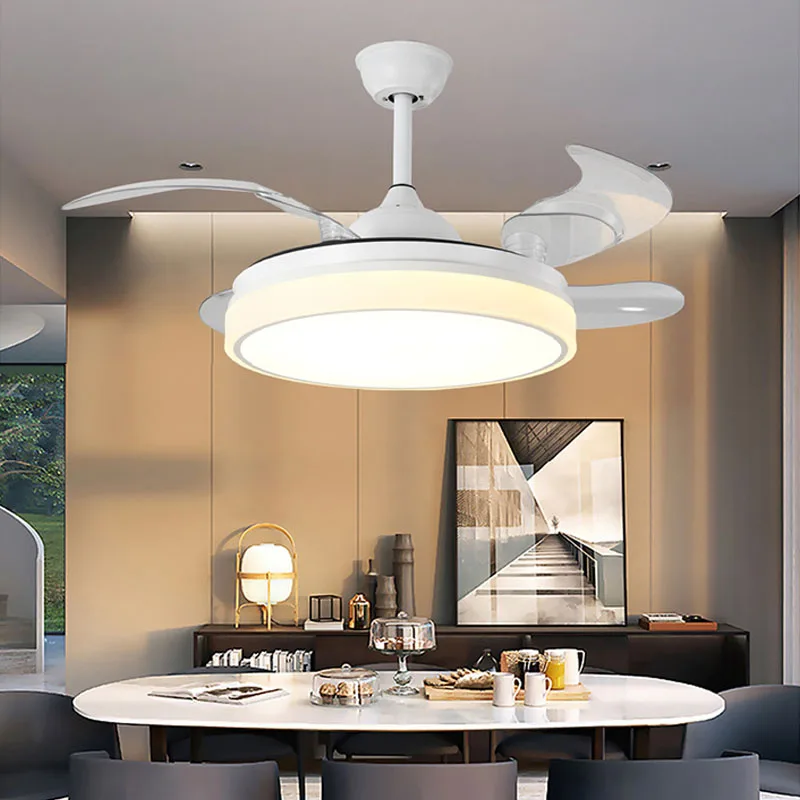 

White Modern Simple Nordic Intelligent LED Fan Lamp Bedroom Living Room Invisible Night Light Ceiling Fan Lamps