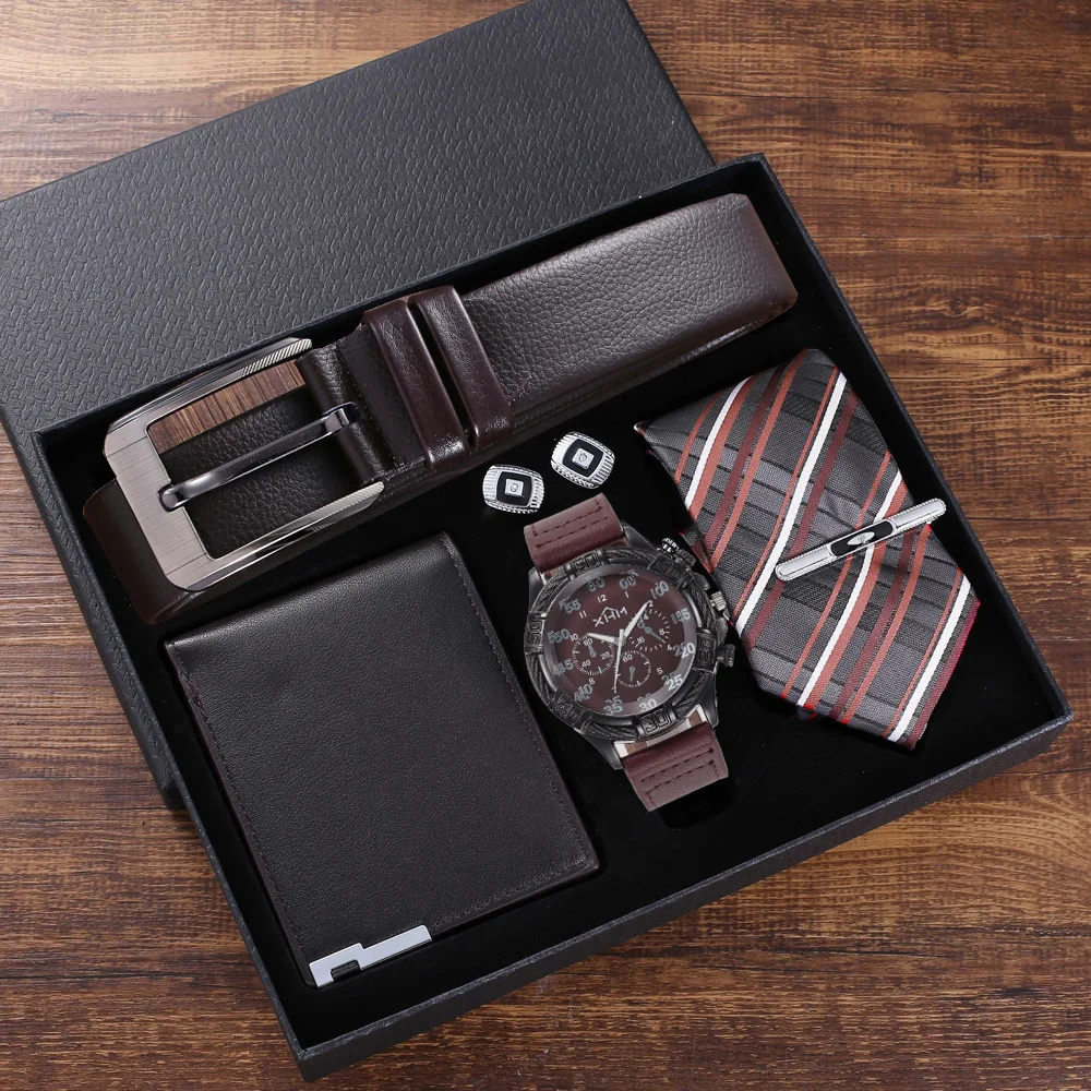 

Fashion Men's Watch Set Gift Box Leather Belt Wallet Tie Cufflinks Birthday Business Gifts Set for Men Boyfriend Father Husband