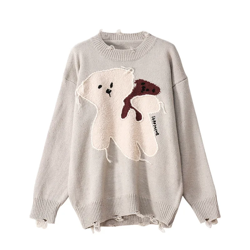 

2021 Spring Autumn Teddy Bear O-Neck Jacquard Women Oversized Sweater Loose Lazy Ladies Jumper Knitted Top Embroidery Pullover