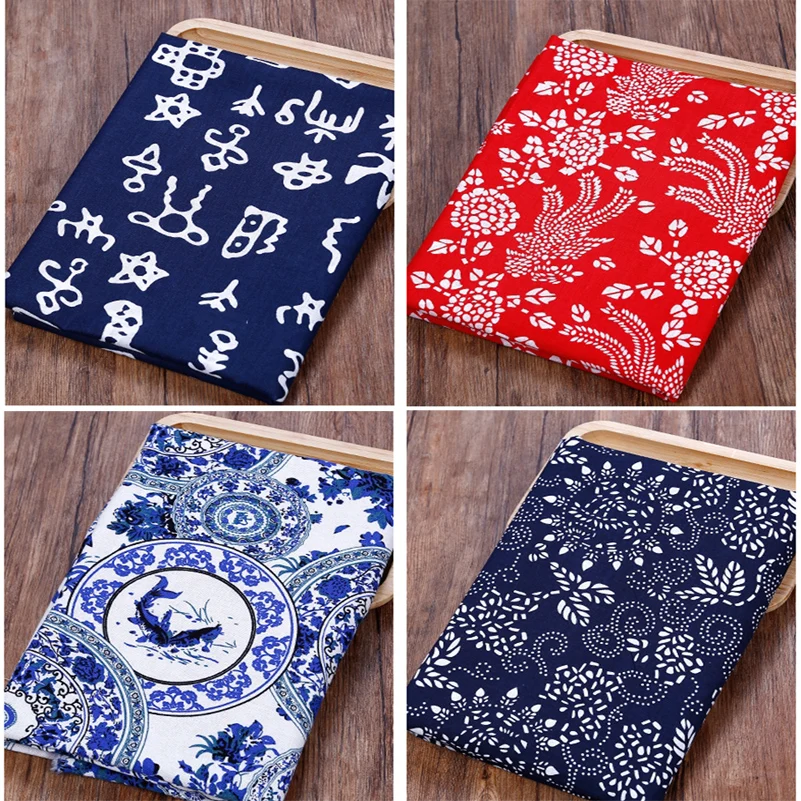 Синяя ткань из чистого хлопка ретро-ткань в этническом стиле Цветочная решетка с