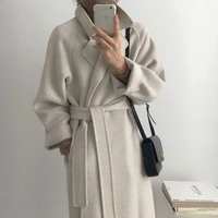 new one piece korean fashion ladies woolen coat 2021 winter vintage lapel loose adjustable waist warm womens woolen coat coat