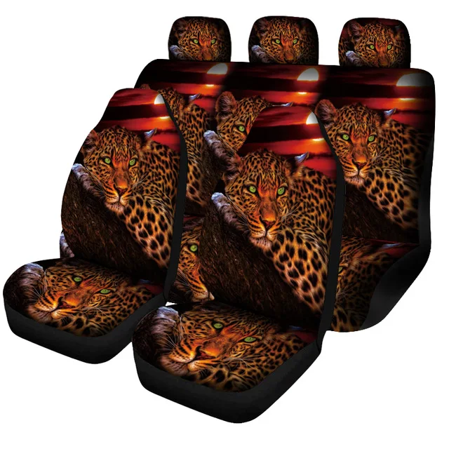 Leopard Animal Print Full Set Front and Rear Bench Cover Polyester Automotive Car Seat Protection Cheetah Print Universal