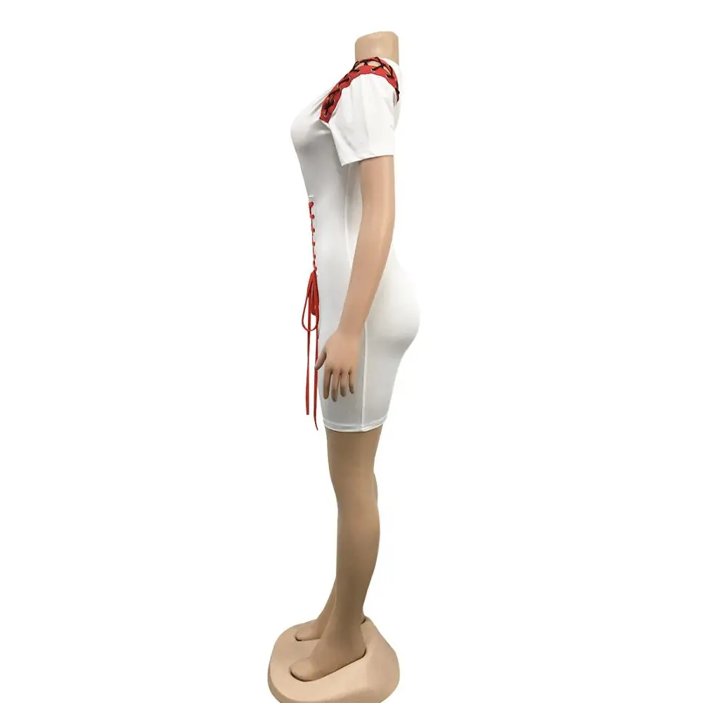 

Adogirl Grommet Lace Up Color Patchwork Mini Dress Casual Short Sleeve Slim Bodycon Dress Summer Party Club Outfits Vestido