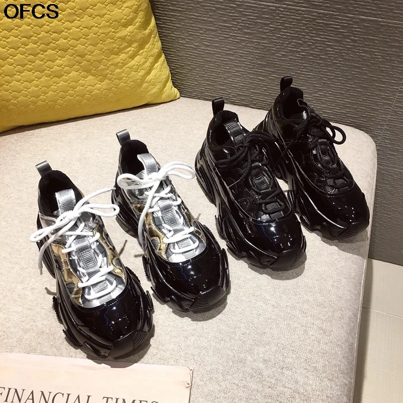 

Women Sneakers 2021 Spring Punk High Platform Sneakers Silver Patent Leather Chunky Sneakers Women Lace Up Casual Shoes Women