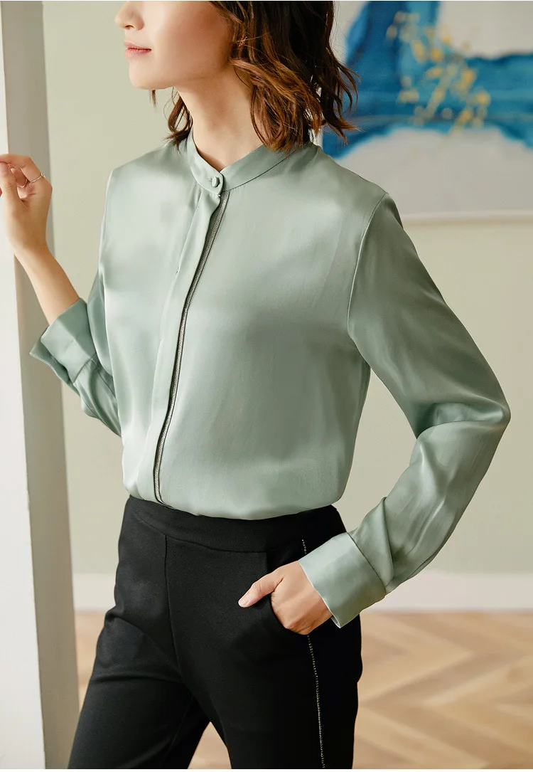 22 мм Тяжелая шелковая блузка Осень длинный рукав мягкая пятнистая рубашка