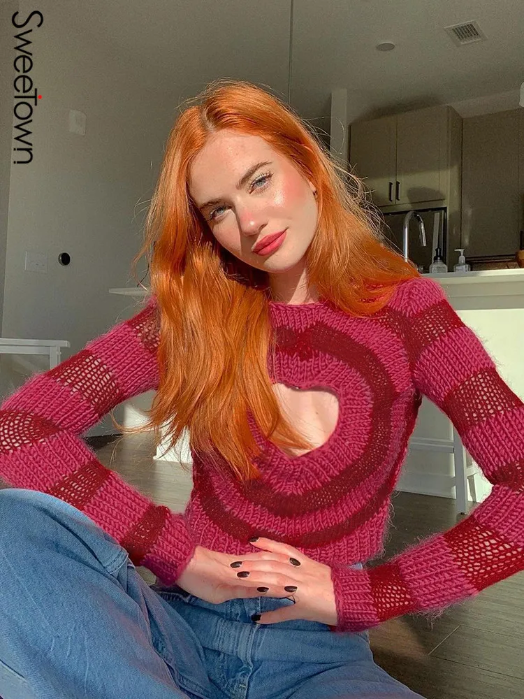 

Милый полосатый свитер Sweetown Y2K, сексуальные трикотажные пуловеры с вырезами, облегающие осенние джемперы с круглым вырезом и длинными рукав...