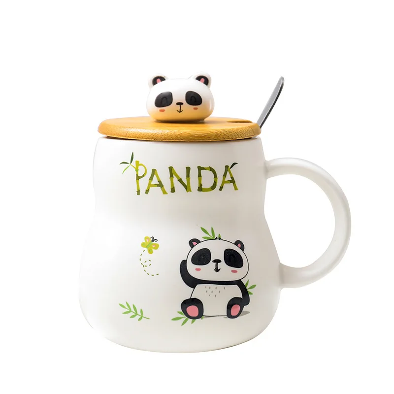 

2020 cute cartoon panda gourd ceramic cup, mug with cover and spoon, small fresh Harajuku student gift water cup