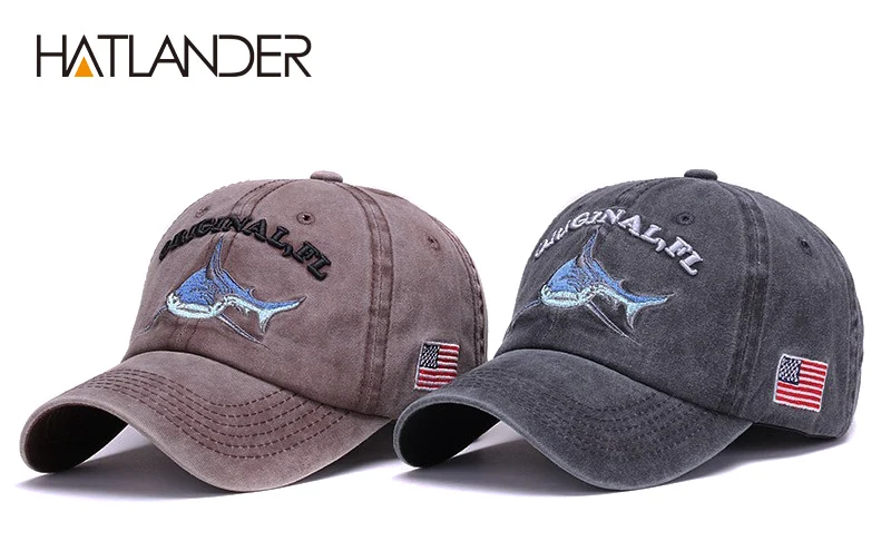 HATLANDER Модная хлопковая бейсбольная Кепка с вышивкой Акула мужская шляпа винтажная Спортивная шляпа Открытый gorras регулируемая хип-хоп кепка