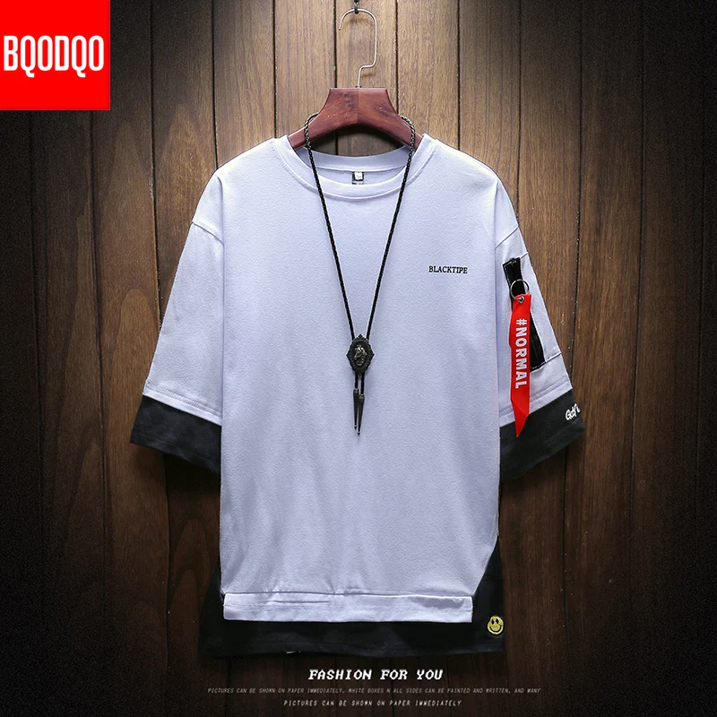 

Hip-hop Fake 2 Pcs Casual Oversized Fashion T-shirt Streetwear Harajuku Tee Cotton Smile Print Short Sleeve Fitness T shirt Men