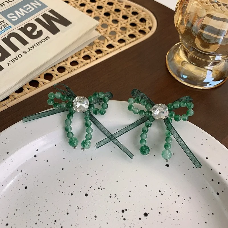 

Minar Vintage Temperament Round Green Beaded Bowknot Dangle Earring for Women Hyperbole Rhinestone Hollow Earring Party Jewelry
