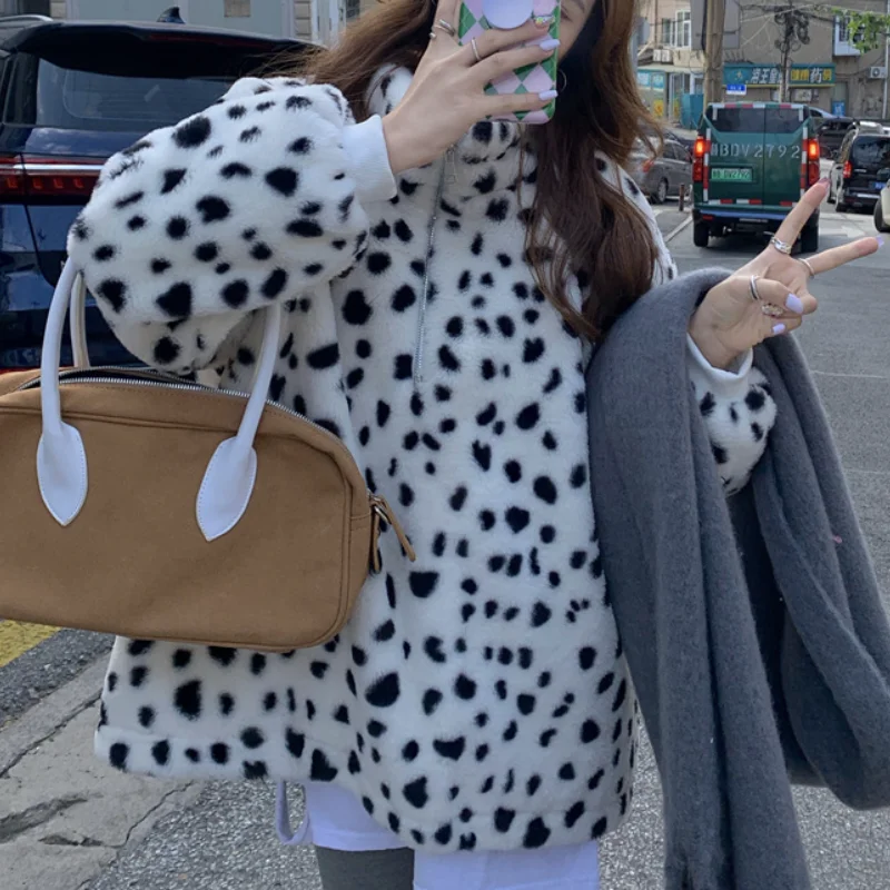 

Женское пальто на молнии, повседневное Свободное пальто из овечьей шерсти с воротником-стойкой и леопардовым принтом, теплая куртка в Корей...