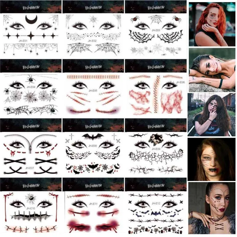 

Halloween Scar Tattoo Stickers Horror Spider Web Bats Funny Tattoo Stickers Party Makeup Face Stickers Day of The Dead Decor