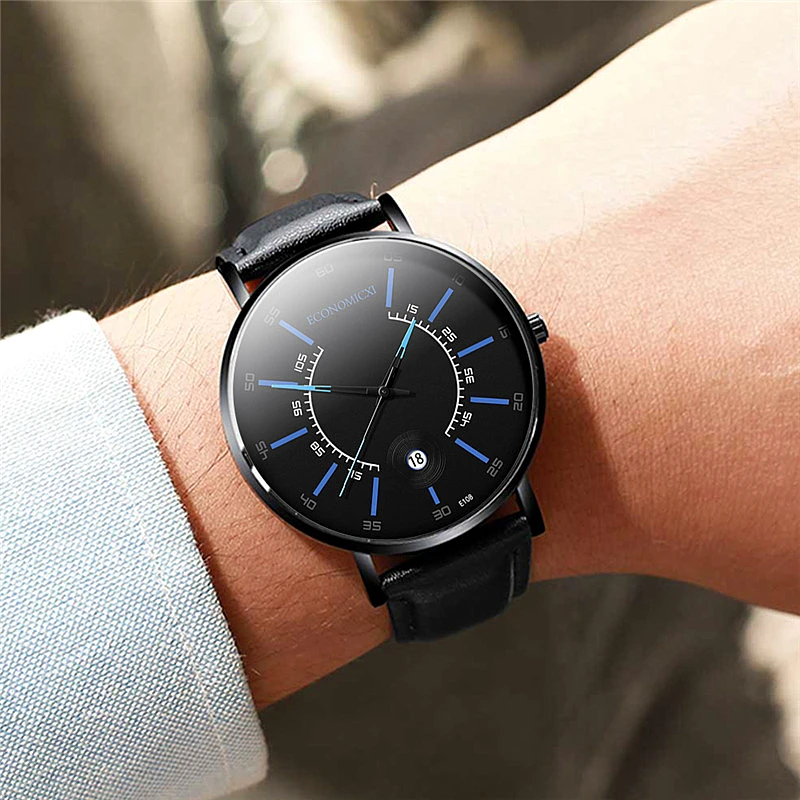 Трендовые мужские часы кварцевые черные кожаные с календарем персональный