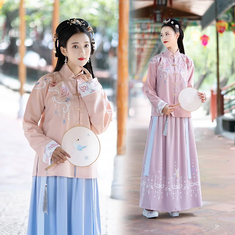 Китайский Комплект Hanfu двубортный пиджак с принтом и юбка женская элегантная