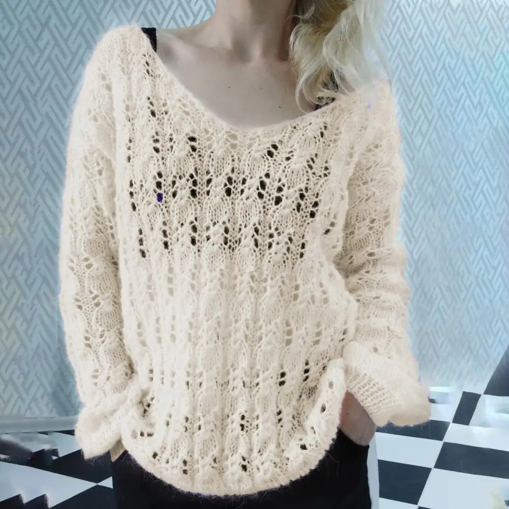 

Женский трикотажный свитер, повседневный однотонный пуловер из жаккардовой сетки с круглым вырезом, весна-осень 2021