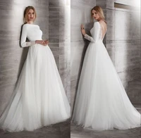 elegant backless long sleeve wedding dress white a line vintage vestido de novia simple bride gown open back 2021