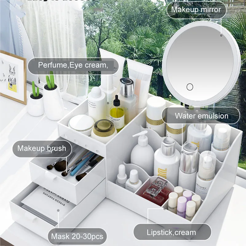 Прозрачный зеркальный органайзер для макияжа большой вместительный ящик