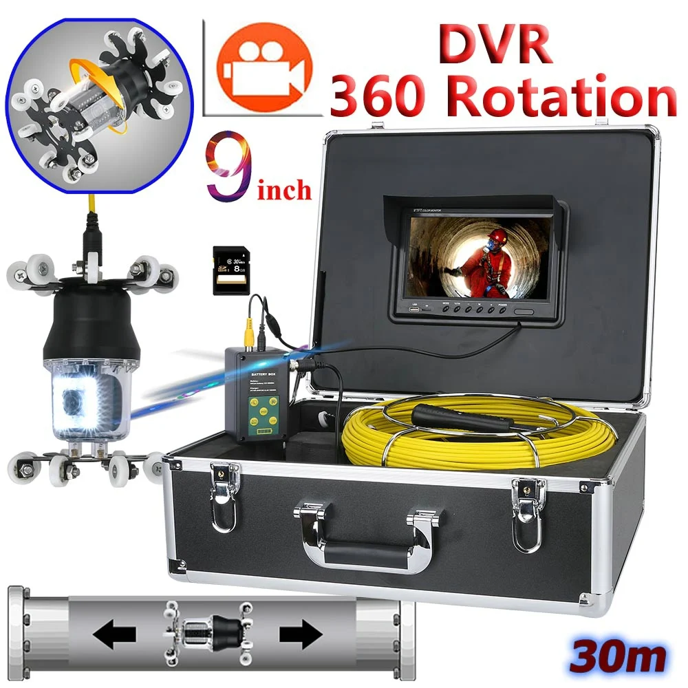 

9'' DVR Recorder Pipe Inspection Video Camera Drain Sewer Pipeline Industrial Endoscope support IP68 38 LEDs 360 Degree Rotating