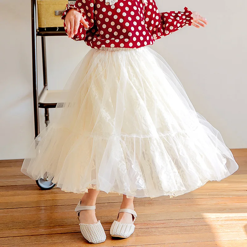 

Babe Kids Girls Lace Tulle Tutu Princess Beige Color Skirt Party Western Sweet Children Ins Dress Clothing