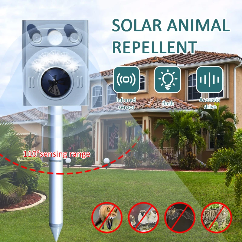 

2020 New Outdoor Solar Power Ultrasonic Animal Repellent Deterrent Dog/Cat/Bird/ 5 Gears Insert Repeller Garden Supplies