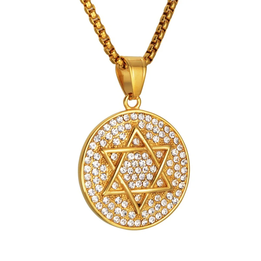 

Hip Hop Hexagram Star of David Pendant Necklace For Men Gold Color Stainless Steel Iced Out Israel Jewish Jewelry Birthday Gift