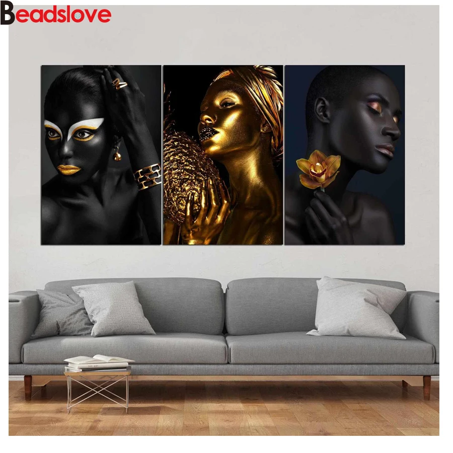 

Hallway decoration 3 Pieces Black Gold Makeup Woman Wall Art 5d diamond Painting Modular mosaic rhinestone diamond embroidery