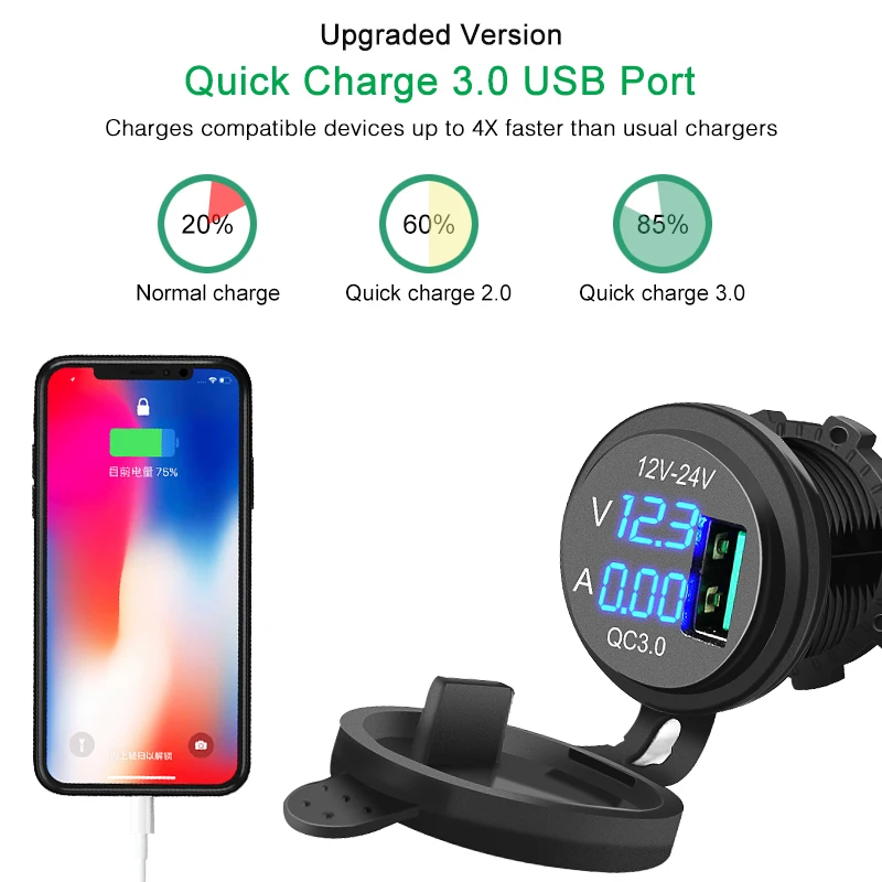 QC 3 0 USB зарядное устройство розетка синий светодиодный цифровой дисплей