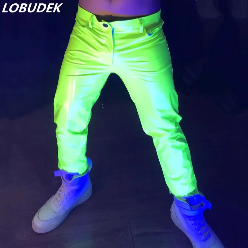 Bar Nightclub Male Patent Leather Skinny Pants Fluorescent Green Elastic Slim Leather Trousers DJ Dancer Singer Stage Costume