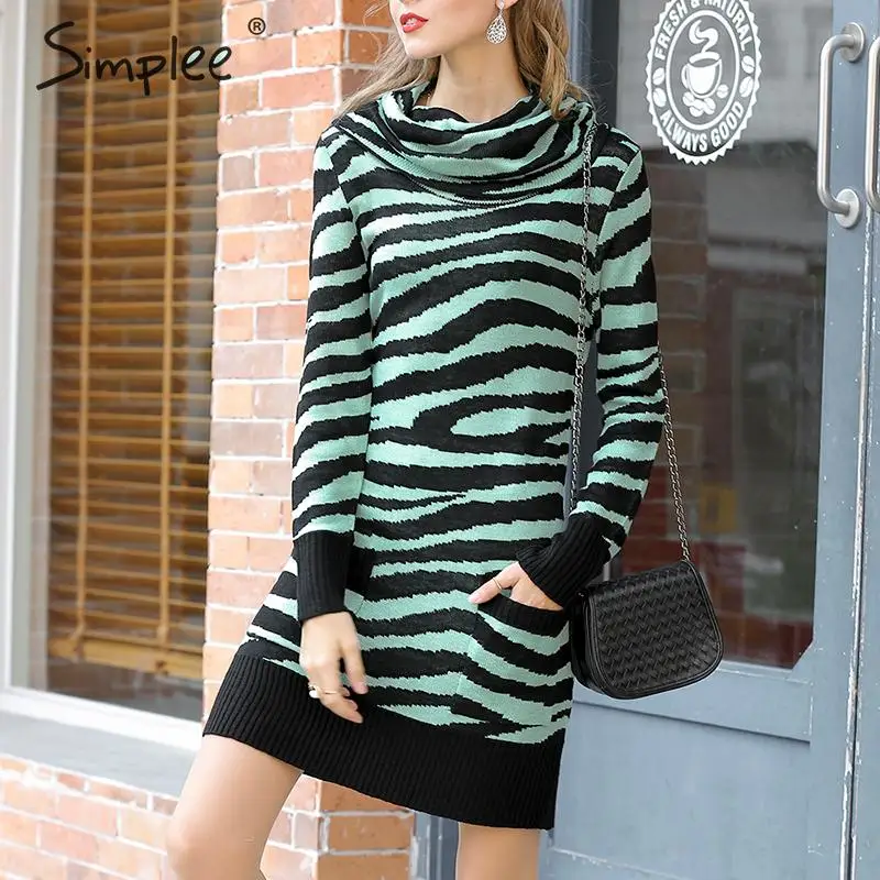 Платье Свитер Simplee с животным принтом уличная одежда высоким воротником и