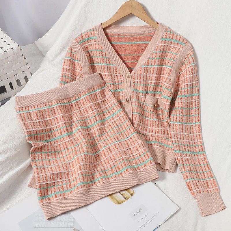 

Fall Vintage Knitted Two Piece Set Women Outfits Sweater Cardigan + Mini Bodycon Skirt 2 Piece Set Matching Sets Ensemble Femme