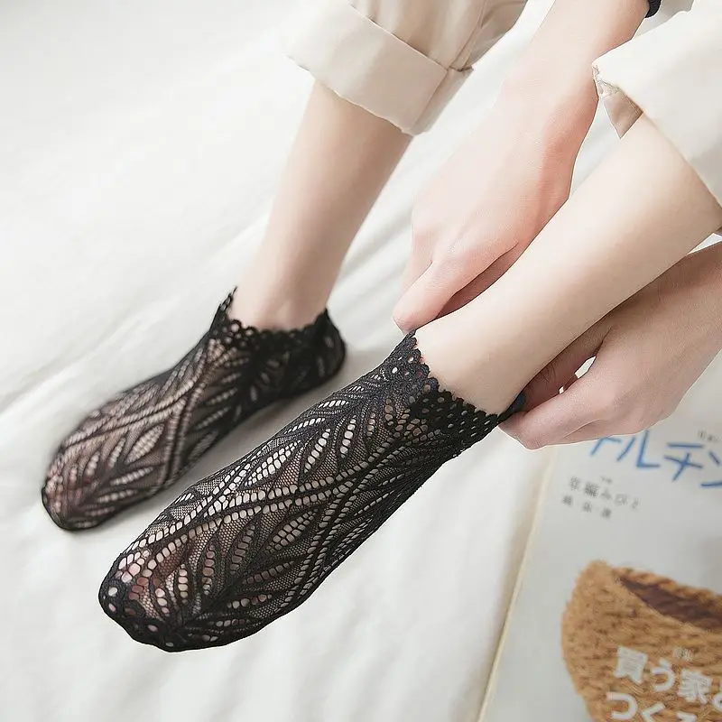 Новинка модные женские носки до щиколотки с цветочным кружевом хлопковые