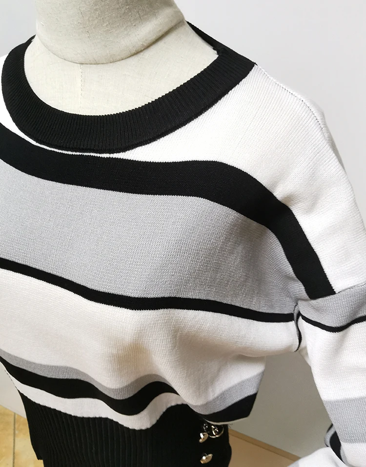 

Women Two Piece Outfits Autumn New Striped Long Sleeved Sweater Tops + Stretch Waist Bodycon Skirt Elegant Casual 2 Piece Sets