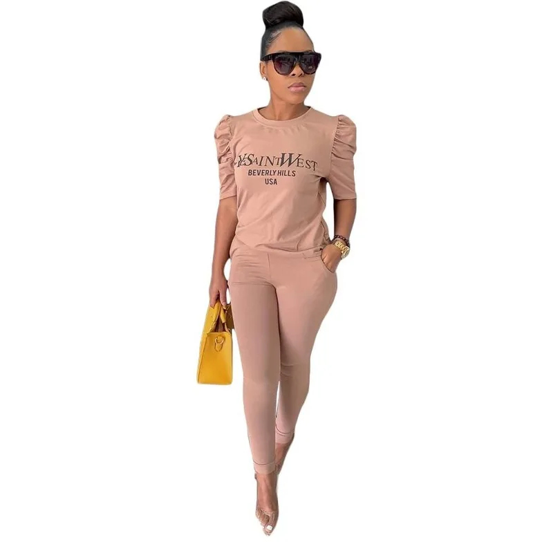 

Fashionable Stretch Casual Suit Solid Color Ladies 2 Two-Piece Letter Sportswear Short Sleeve T-Shirt + Nine Points Pants Suit