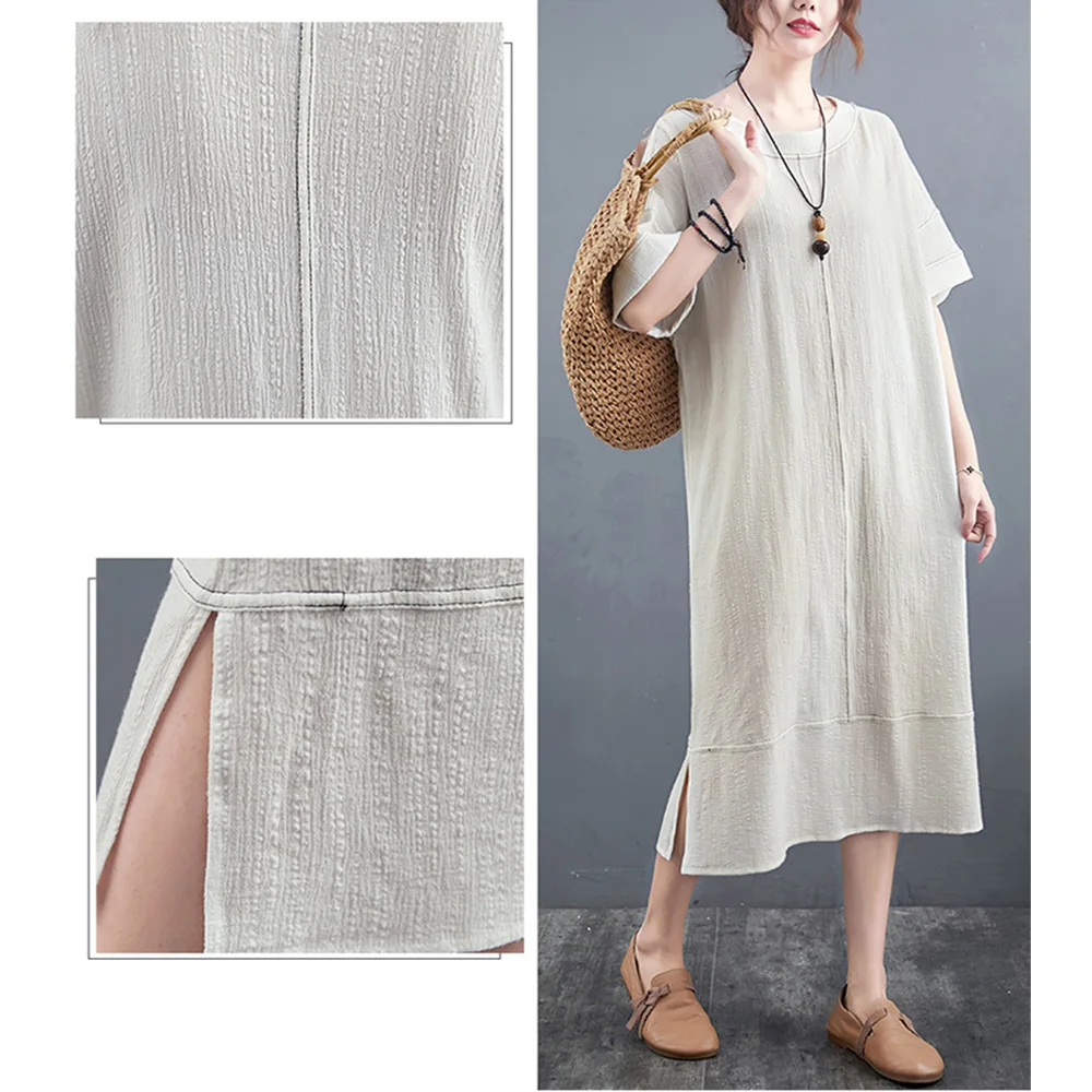 

2021 Women Linen Dresses Midi Summer Casual Dress Loose Short Sleeve Shirt Vestido Elegant Female O Neck Pleated Party Robe
